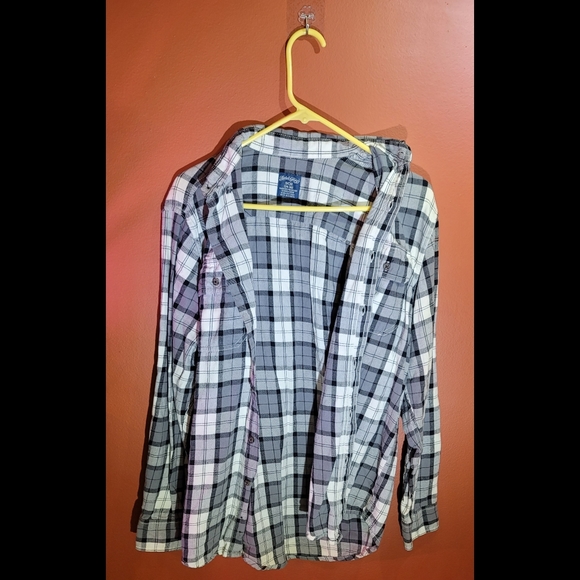 Mens Button Down Cotton Collar Flannel Shirt  Gray/White - Faded Glory - Picture 3 of 4